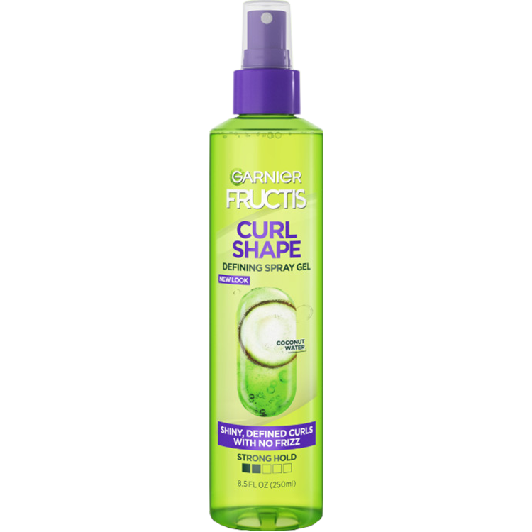 Curl Shape Spray Gel bottle, front view.